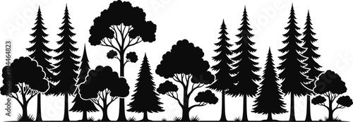 Black forest tree silhouette vector illustration with coniferous and deciduous trees, nature landscape design for outdoor, wildlife, and environmental themes