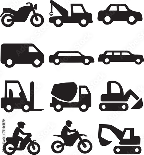 Vehicle and machinery icon set with motorcycles trucks vans and construction equipment in black silhouette for transport themes