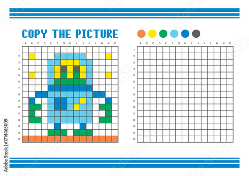 Copy the picture grid drawing worksheet for kids. Pixel art alien robots