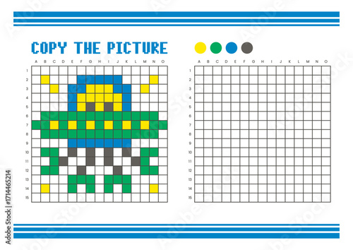 Copy the picture grid drawing worksheet for kids. Pixel art alien robots