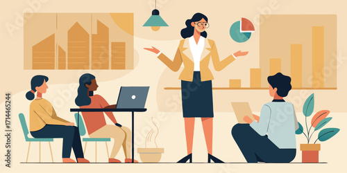 Businesswoman giving presentation on beige background