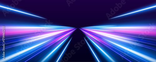 A glowing spiral tunnel stretches into the distance, symbolizing rapid digital transition. Vivid gradients blend from purple to blue. The overall effect is sleek and high-tech.
