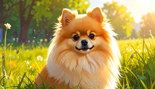 A Cheerful Pomeranian in a Sunny Meadow