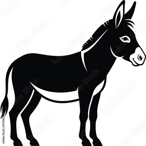 Black silhouette of donkey in side profile with large ears and tail, vector design for animal, farm, wildlife, and nature illustration"