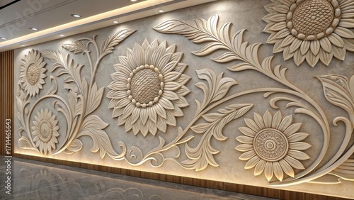 Intricate 3d basrelief wall panel with large sunflower motifs and swirling leaves