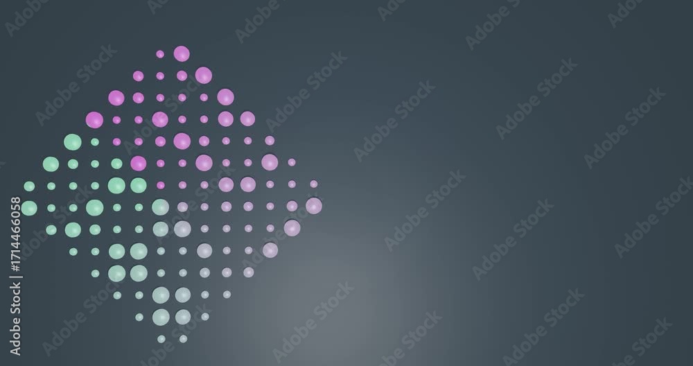 Animação 3D de esferas peroladas pulsando em grade sobre fundo escuro, com variações sutis de fase e amplitude. Estilo moderno, paleta magenta-teal, loop suave e ampla área negativa para títulos.