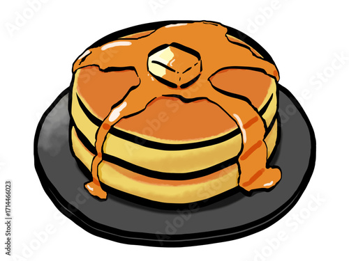 ホットケーキのイラスト （筆タッチ） シンプル / Hand-painted pancakes with butter and honey, brush style illustration