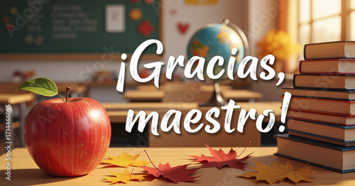 Red apple with green leaf on wooden classroom desk with Spanish teacher gratitude text