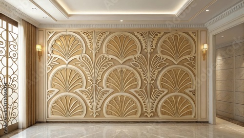 Luxurious ornate wall paneling with intricate golden floral relief