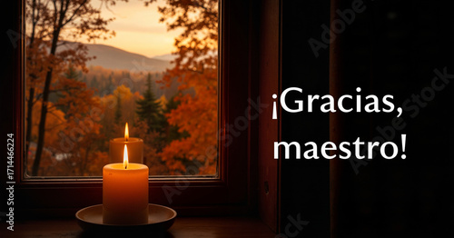 Burning candles on wooden windowsill with autumn sunset landscape and Spanish gratitude text