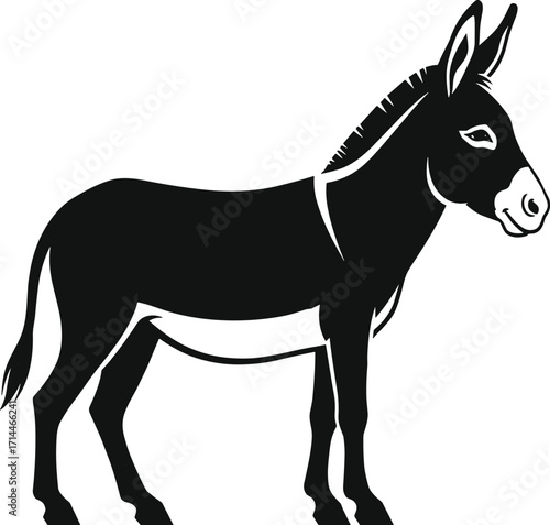 Black silhouette of donkey in side profile with large ears and tail, vector design for animal, farm, wildlife, and nature illustration"