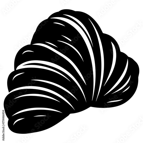 Illustration of a single black croissant with white lines showing the flaky layers on a white background