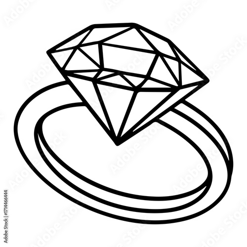 A line drawing of a diamond ring with a large faceted stone set on a triple banded ring shank design