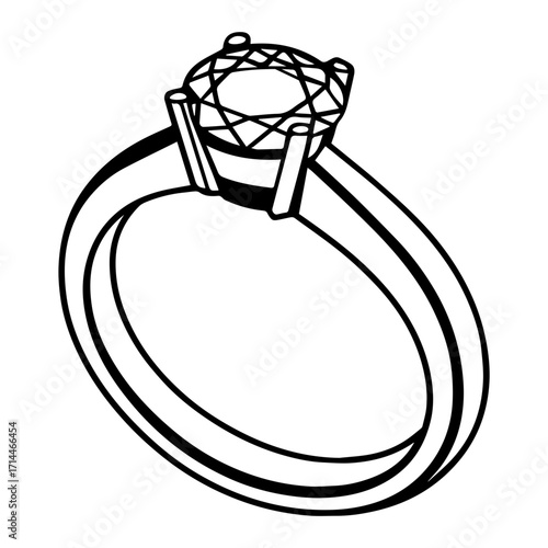 Illustration of a solitaire ring with a round cut diamond in a prong setting on a plain band design