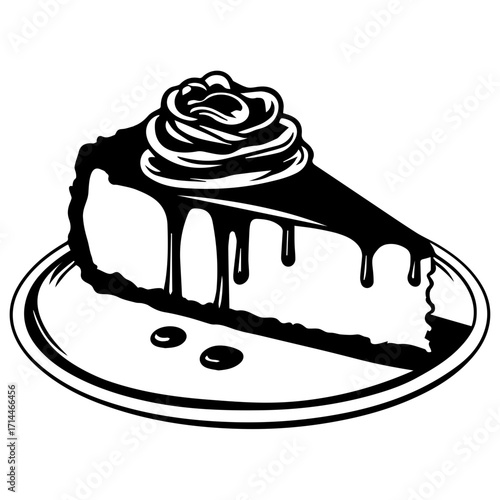 A slice of cheesecake with chocolate sauce and whipped cream on a plate in black and white style art