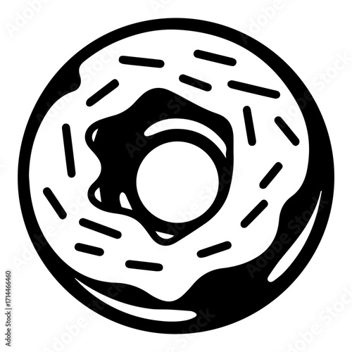 Illustration of a frosted donut with sprinkles and a hole in the center in black and white style