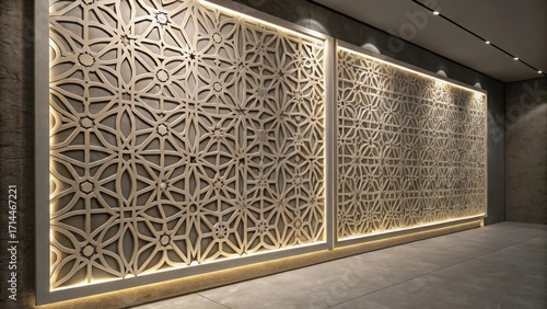 Modern geometric laser cut wall panel with intricate pattern and lighting
