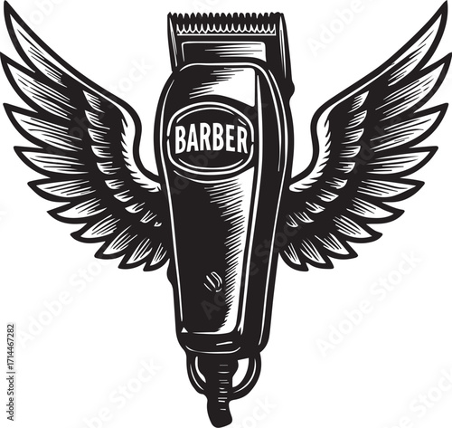 Barber clipper icon with wings in black silhouette for grooming, creativity, and professional hair styling emblem designs