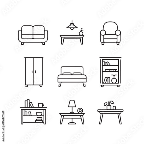 Collection of furniture icons including sofa, armchair, bed, wardrobe, bookshelf, and tables isolated on white background technology background