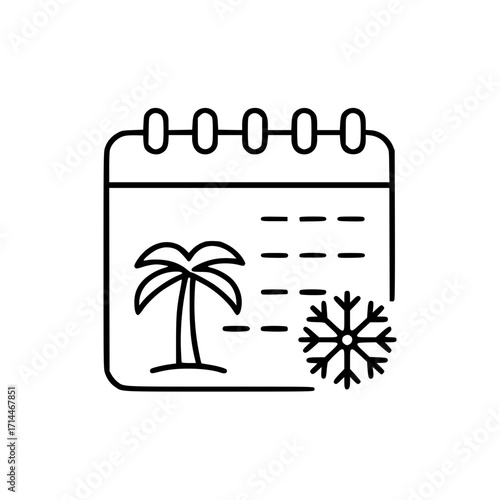 Outline icon of calendar representing Christmas at sea with palm tree  