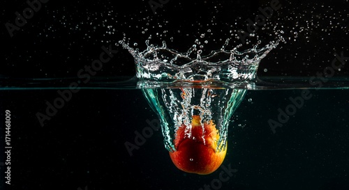 Cherry tomato falling into water creating a splash with bubbles and ripples in a dark background highlighting motion and fluid dynamics