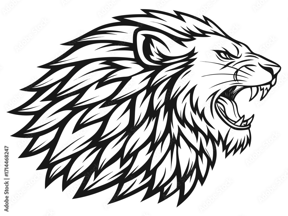 Obraz premium Roaring Lion Head Black and White Vector Illustration