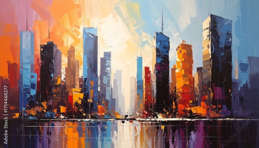 Obraz premium Artistic painting of skyscrapers. Abstract style. Cityscape panorama.