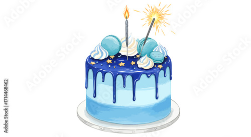 Flat lay of a delicious blue ombre birthday cake decorated with meringues, sparklers, and candles against a white background, showcasing a whimsical and festive style.