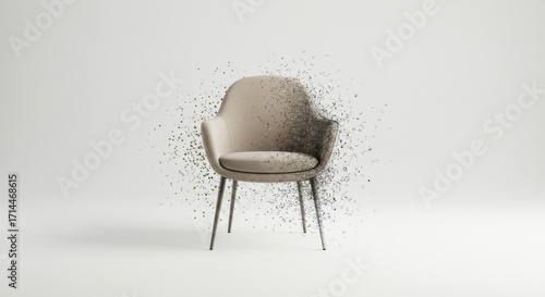 Abstract Particle Explosion Effect on a Modern Beige Upholstered Armchair Isolated on a White Background