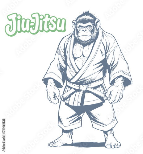 Monkey wearing a martial arts kimono, symbolizing jiu-jitsu.Hand-drawn style character, perfect for sports logos,mascot designs,t-shirt prints and martial arts posters.Vector illustration