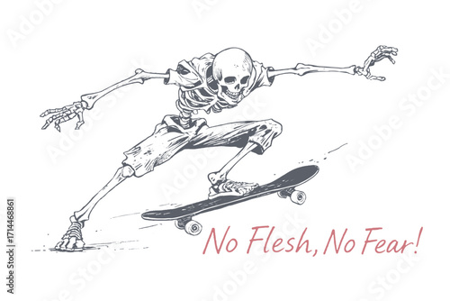 Black and white hand-drawn ink illustration of a human skeleton riding a skateboard, dynamic monochrome vector artwork
