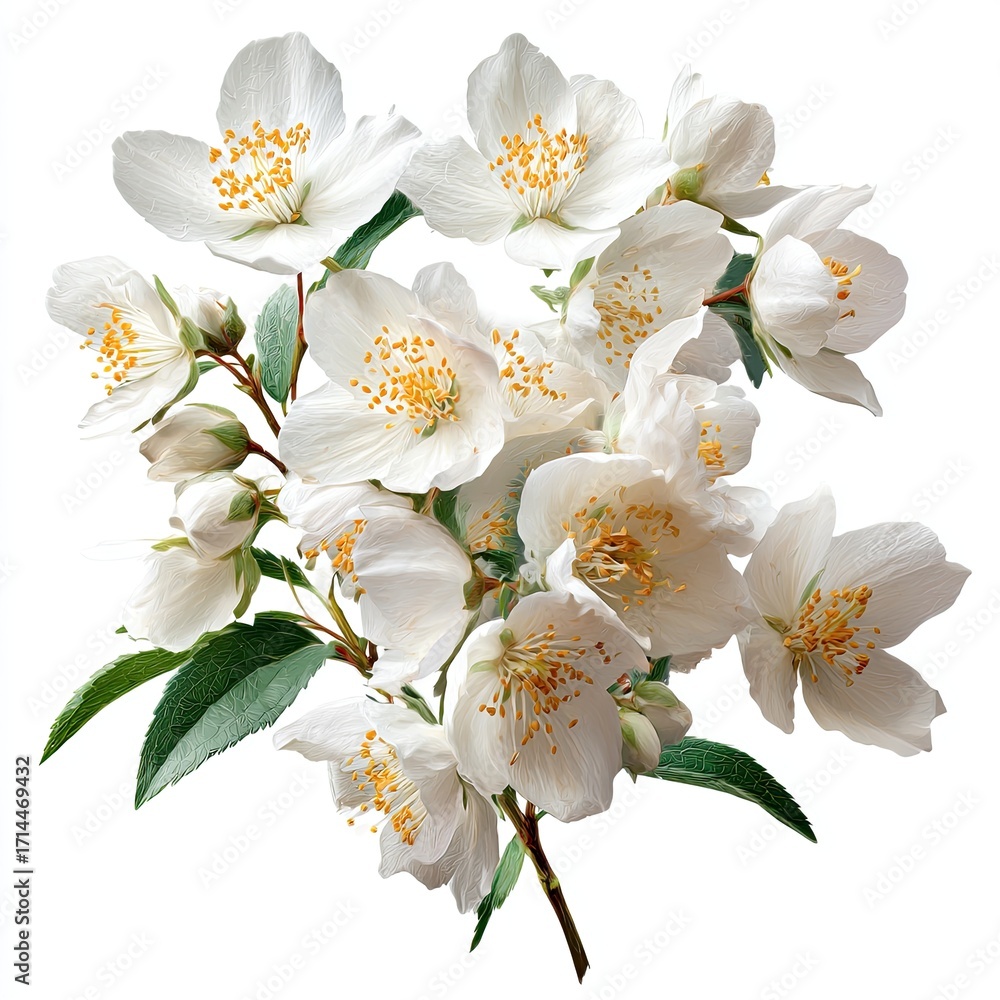 Obraz premium A cluster of white jasmine blossoms with green leaves
