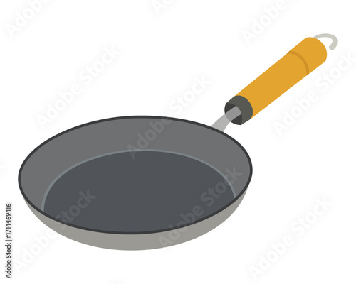 Round frying pan with wooden handle vector illustration on white