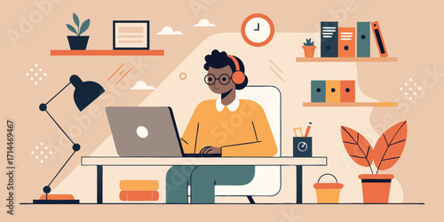 Remote employee workspace vector with beige background