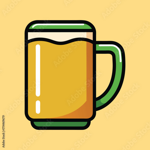 Stylized Beer Mug with Green Accents on Golden Yellow Background Design