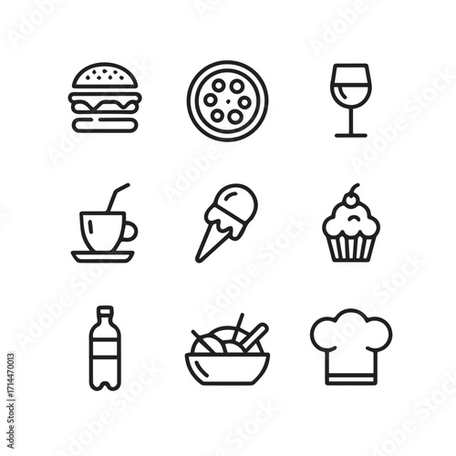Collection of nine simple line icons representing food and drink items, isolated on white background technology background