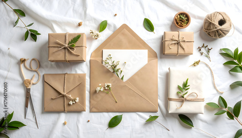 Natural gift wrapping flat lay with kraft paper, twine, and botanical decorations
