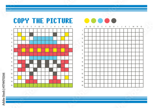 Copy the picture grid drawing worksheet for kids. Pixel art alien robots