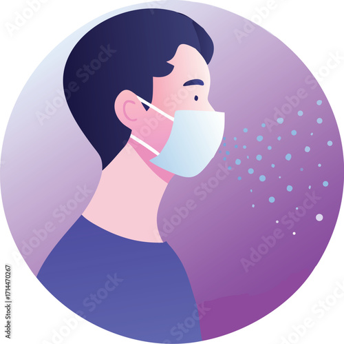 Person wearing face mask protecting against airborne particles and disease prevention concept vector