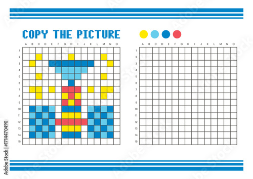 Copy the picture grid drawing worksheet for kids. Pixel art satellite