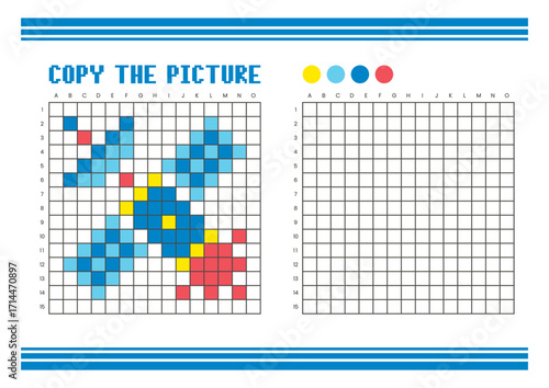 Copy the picture grid drawing worksheet for kids. Pixel art satellite