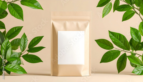 Brown kraft paper stand-up pouch with a blank white label mockup, framed by fresh green leaves on a beige background.
