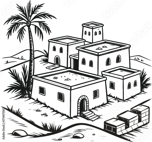 Black and white drawing of a desert village with palm trees and simple houses arid