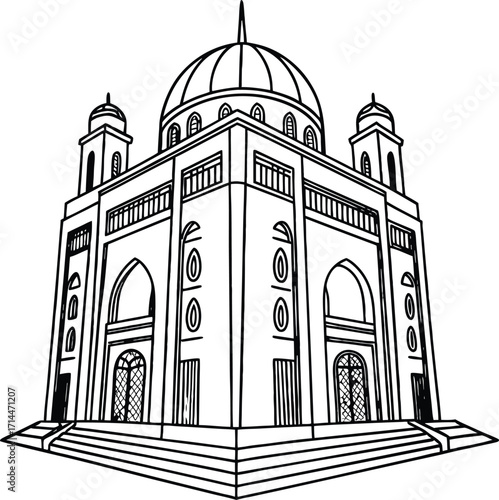 Hand drawn sketch of a grand domed building with minarets and steps mosque Islamic architecture