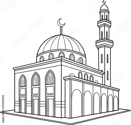 Line drawing of a classic mosque with a dome and a tall minaret islam religion