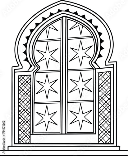 Ornate arched window with star patterns and geometric lattice islamic architecture