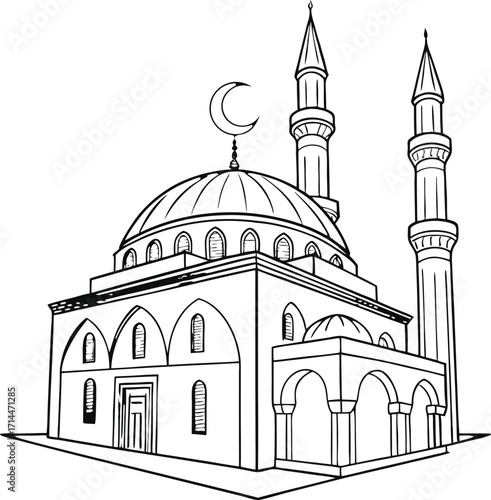 Outline drawing of a mosque with a dome, minarets, and arched entrance Islamic architecture