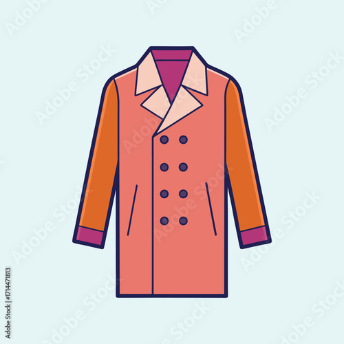 Stylish double breasted long coat with orange sleeves and cream collars