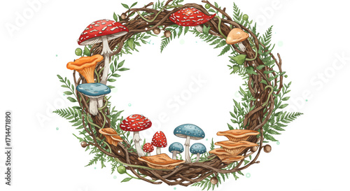 Circular wreath of various mushrooms and ferns, watercolor illustration on white background, featuring vibrant autumnal colors, flat lay composition.