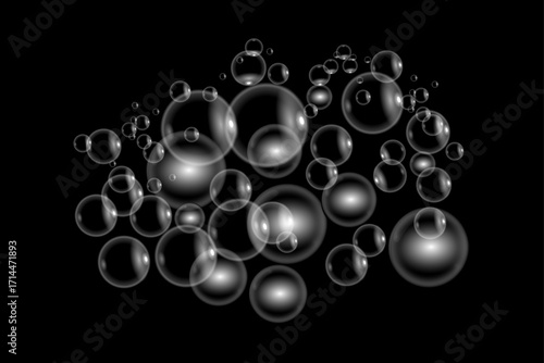Realistic soap white bubbles isolated on black background. Set of soap bubbles with rainbow reflection.
Abstract floating soap bubbles. Water drop,